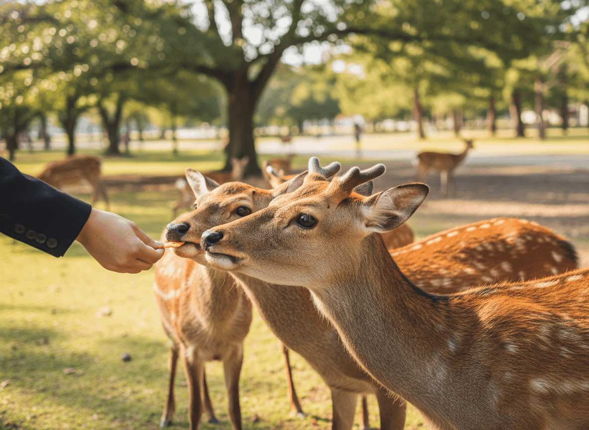 Sika deer bowing to receive shika-senbei crackers Nara Park Japan