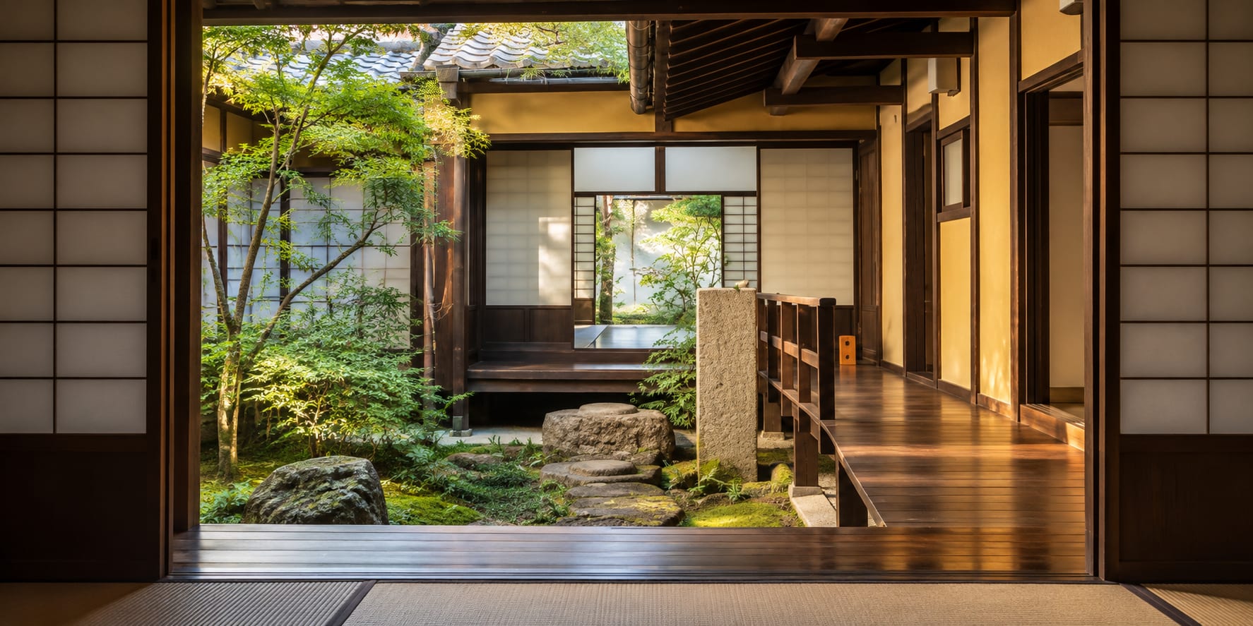 Machiya townhouse wooden corridor opening onto a moss and stone inner courtyard garden at Naramachi Koshi-no-Ie Nara Japan