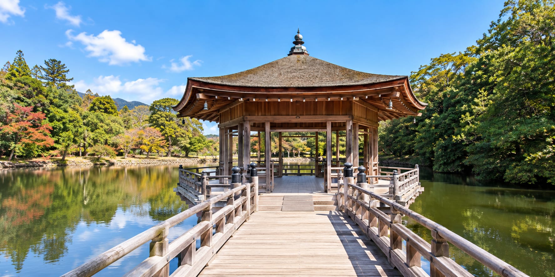 Ukimido hexagonal wooden pavilion on Sagi-ike Pond Nara Park Japan
