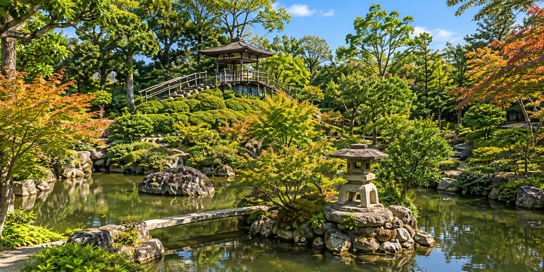Yoshikien Garden pond with pavilion, stone lantern, and maple trees Nara Japan