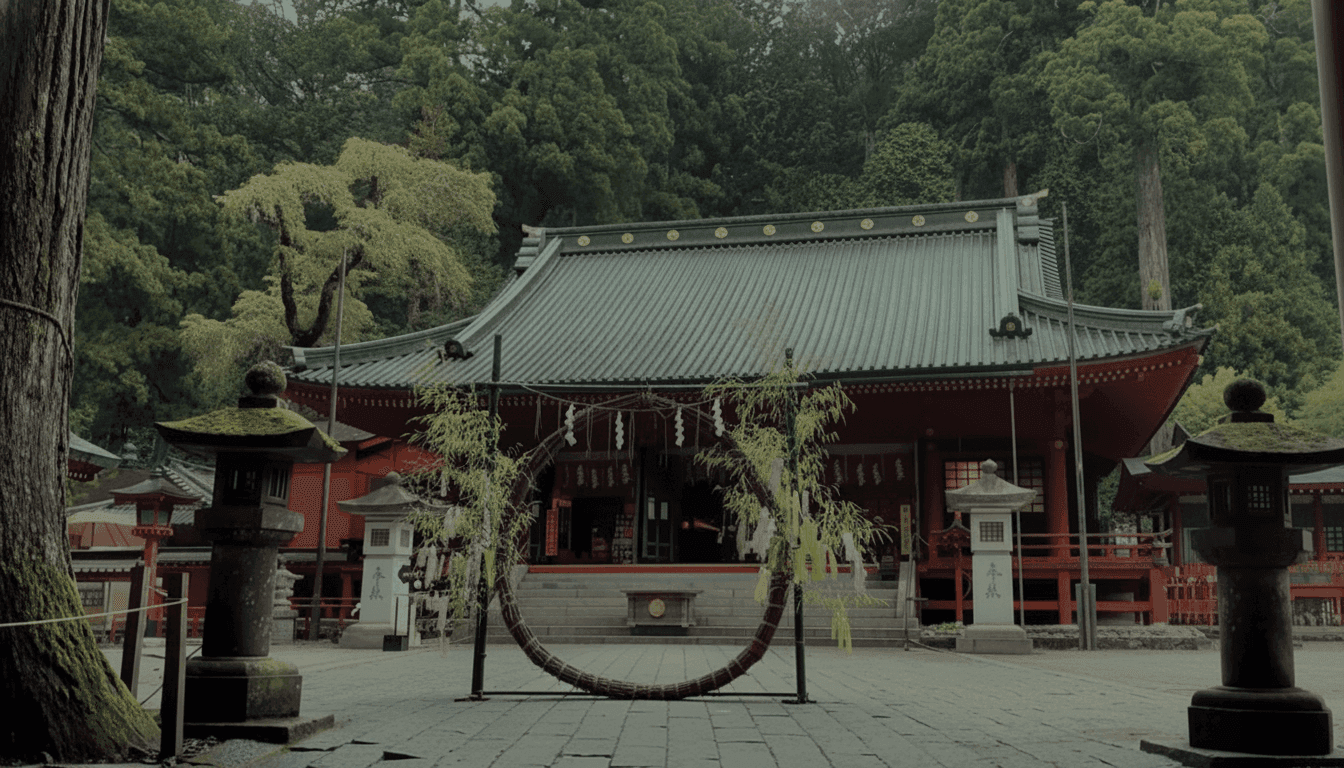 Vermilion shrine buildings among cedar trees at Nikko Futarasan Shrine