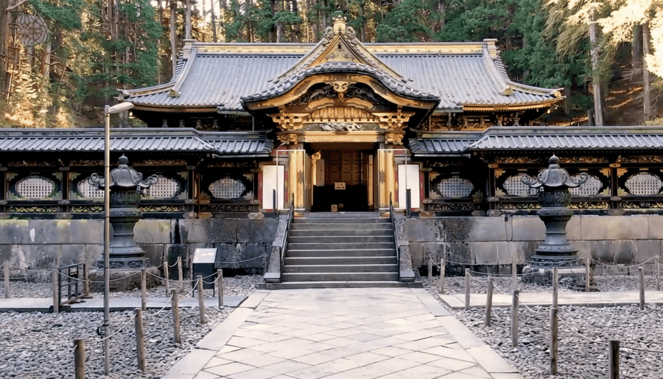 Cedar forest pathway leading through the grounds of Rinno-ji Temple