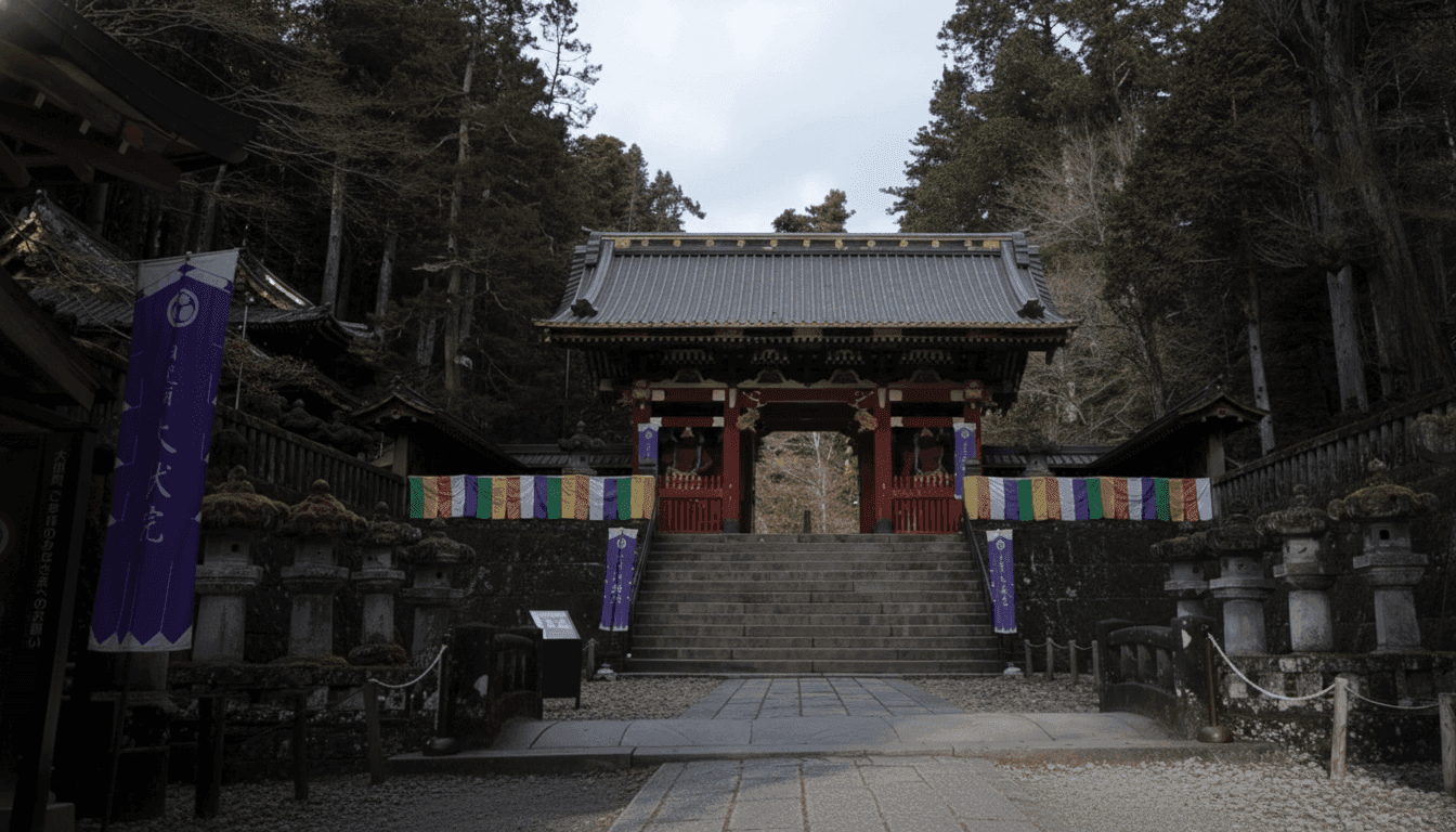 Traditional temple buildings at Rinno-ji surrounded by autumn foliage