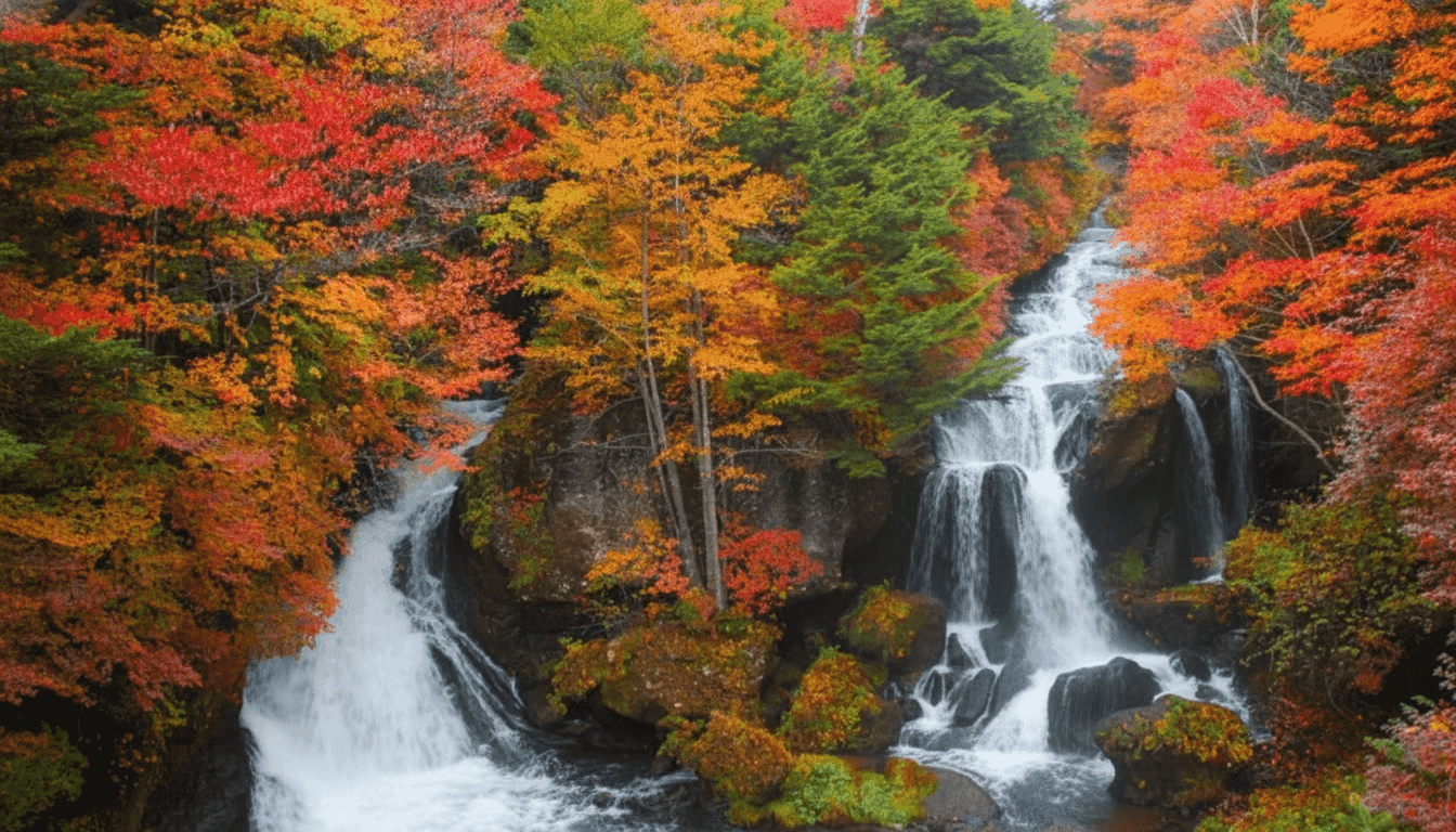 Ryuzu Falls cascading waterfall near Lake Chuzenji in Nikko Japan