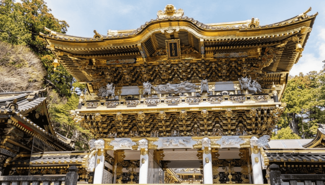 Toshogu Shrine ornate gold gate in Nikko Japan