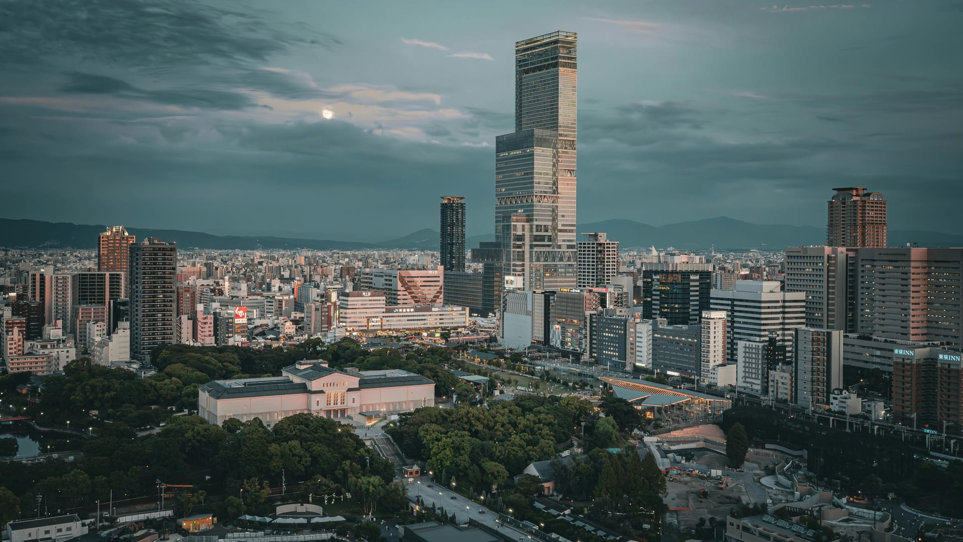 Abeno Harukas skyscraper observation deck with panoramic view over Osaka cityscape and surrounding region, Japan