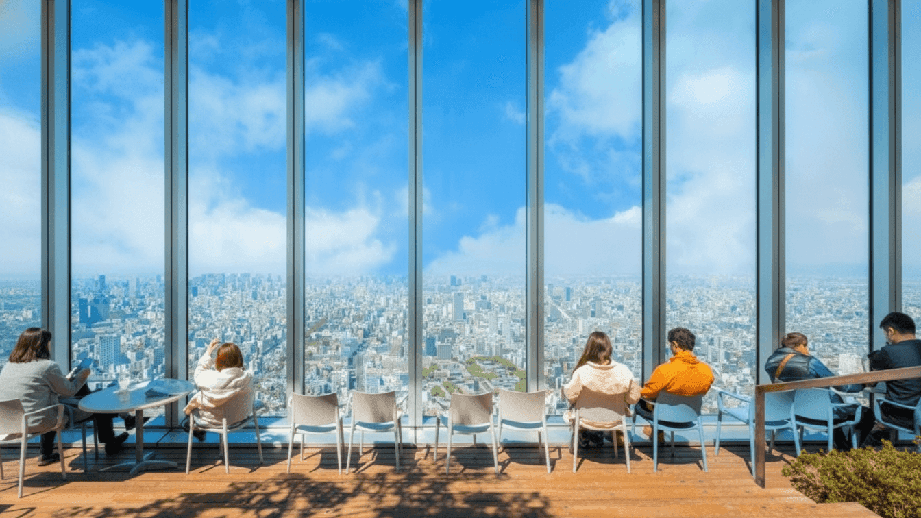 Harukas 300 Observatory panoramic view over Osaka city with Osaka Castle and bay visible in the distance, Japan