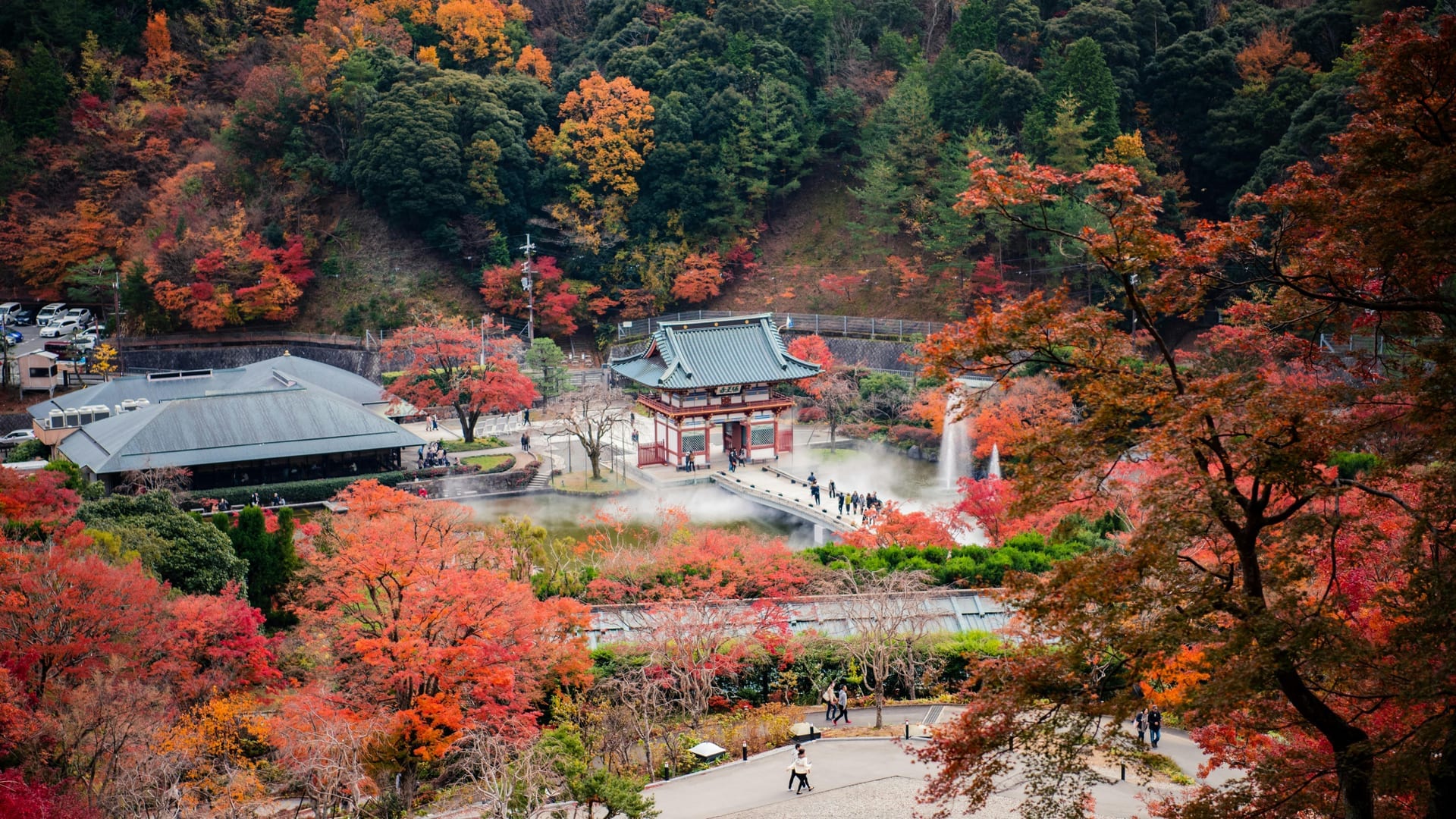 Minoo Park forest trail with autumn foliage and the Minoo waterfall visible through the trees, Osaka Prefecture Japan