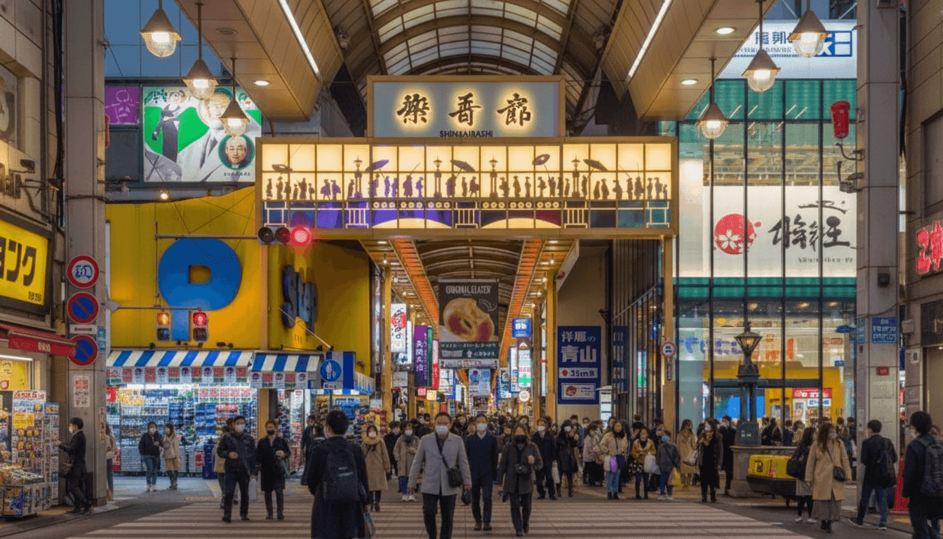 Shinsaibashi covered shopping arcade with crowds of shoppers and illuminated storefronts, Osaka Japan