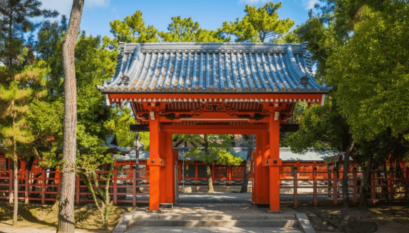 Sumiyoshi Taisha Shrine main hall in ancient Sumiyoshi-zukuri architectural style with straight rooflines and vermilion details, Osaka Japan
