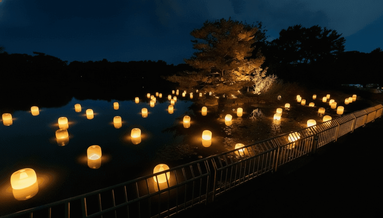 teamLab Botanical Garden Osaka glowing lantern spheres floating across a still pond surrounded by illuminated trees at night, Japan