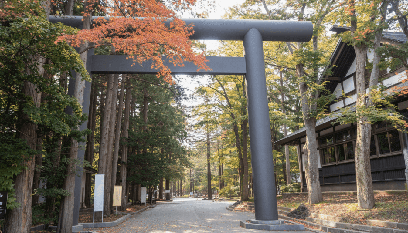 Hokkaido Shrine torii gate and forested approach in Maruyama Park Sapporo Japan
