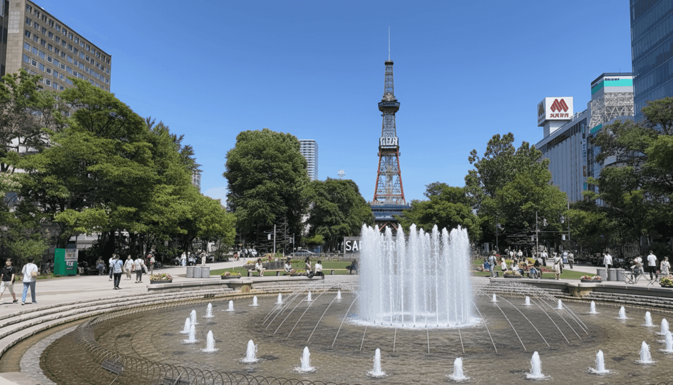 Sapporo TV Tower red observation tower over Odori Park Japan