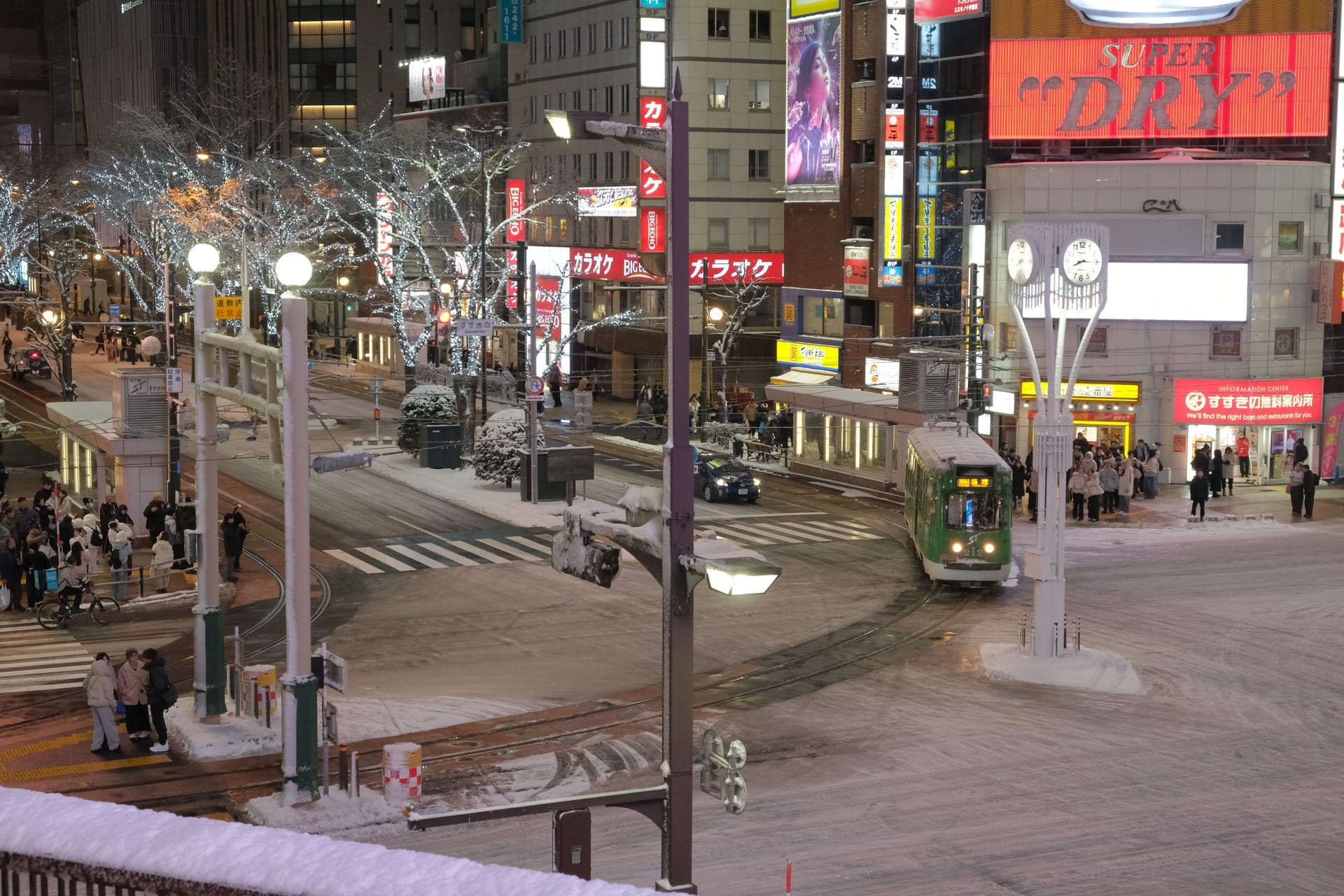 Neon-lit streets of Susukino entertainment district in Sapporo