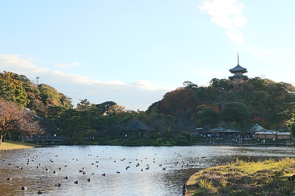 Sankeien Garden traditional pond and pagoda Yokohama Japan
