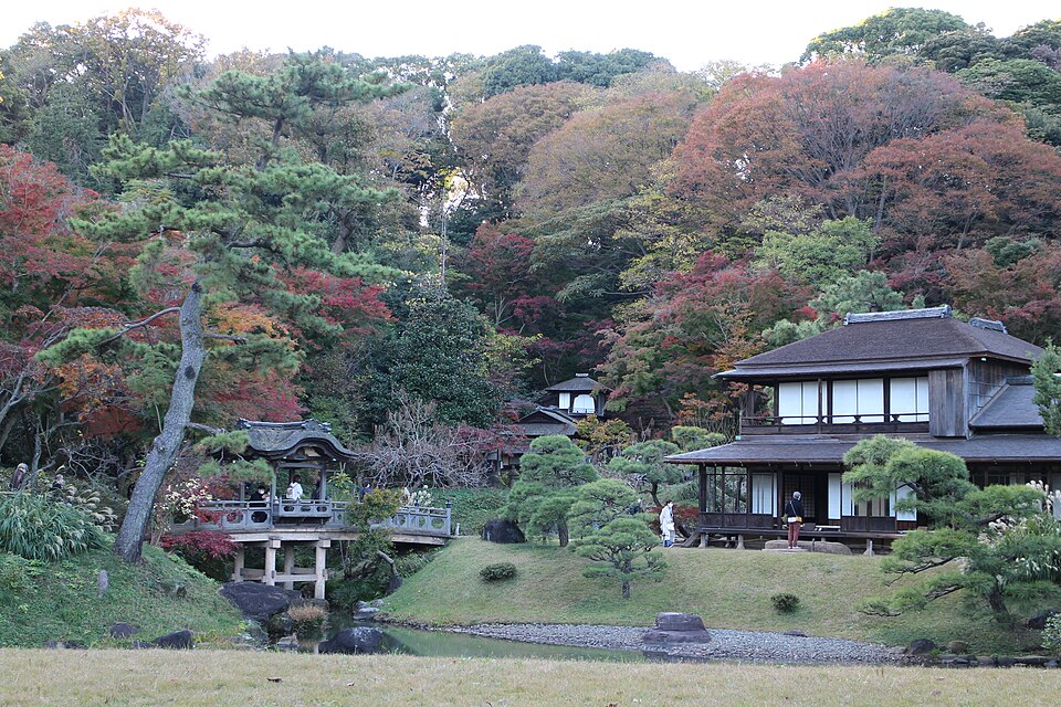 Traditional pagoda and pond at Sankeien Garden in Yokohama