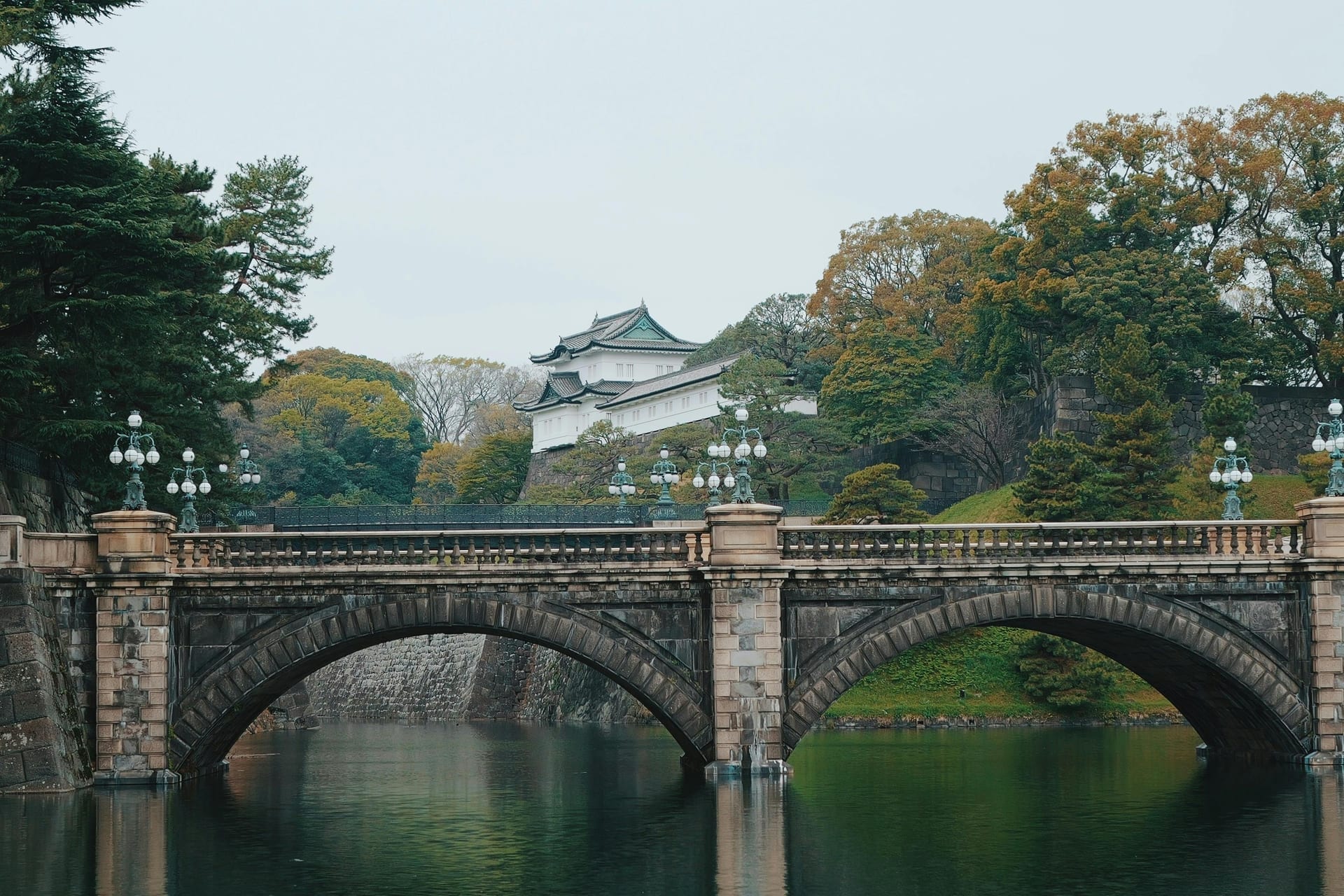 Imperial Palace - stone bridge and moat in the heart of central Tokyo, Japan