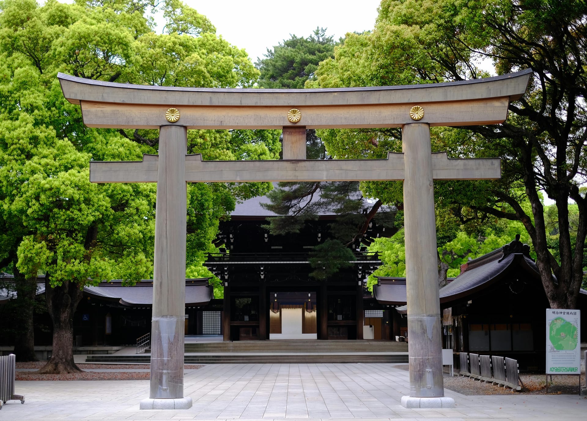 Meiji Shrine - forested Shinto shrine torii gate, Harajuku, Tokyo, Japan