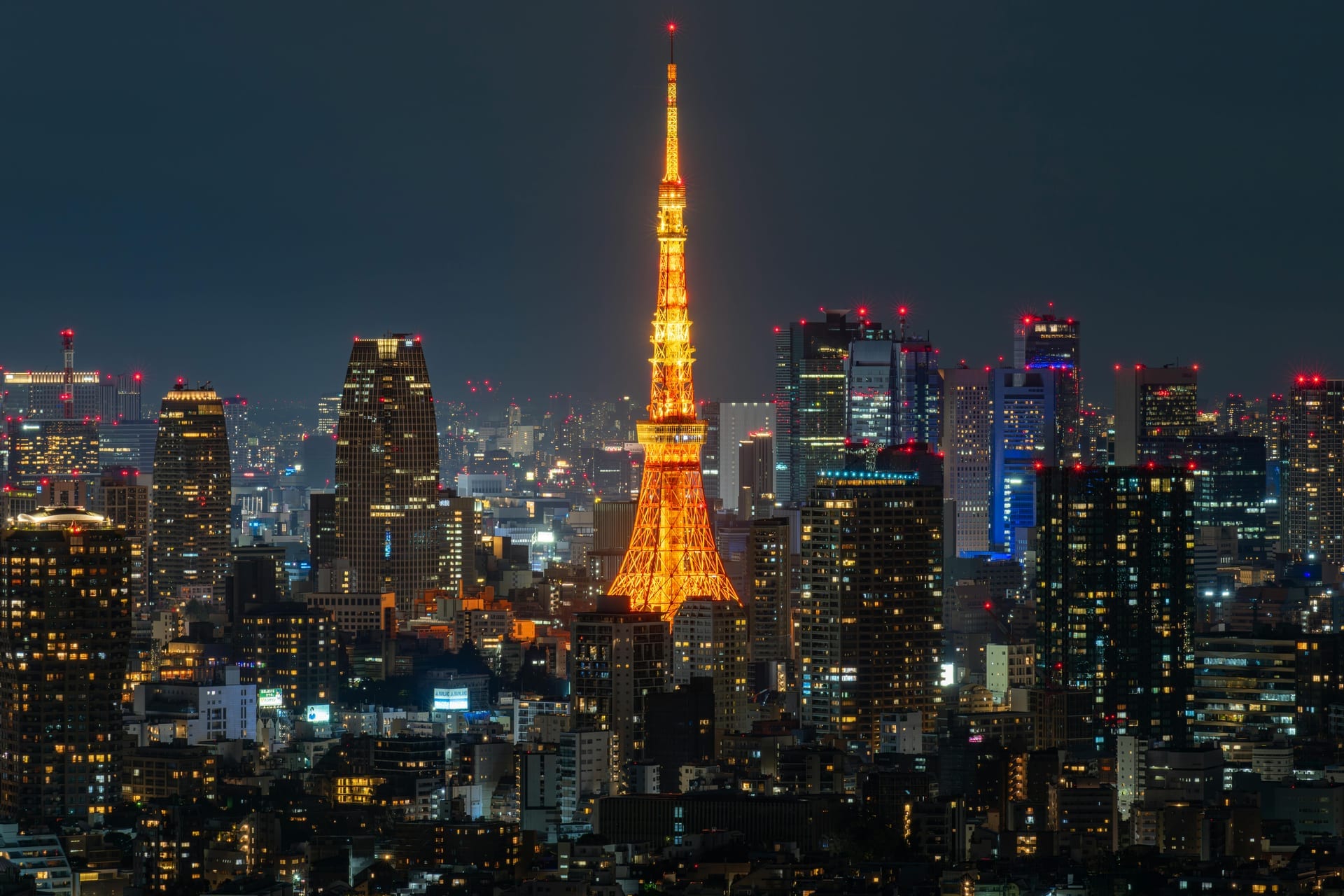 Tokyo Tower - red and white steel lattice tower at night, Tokyo, Japan