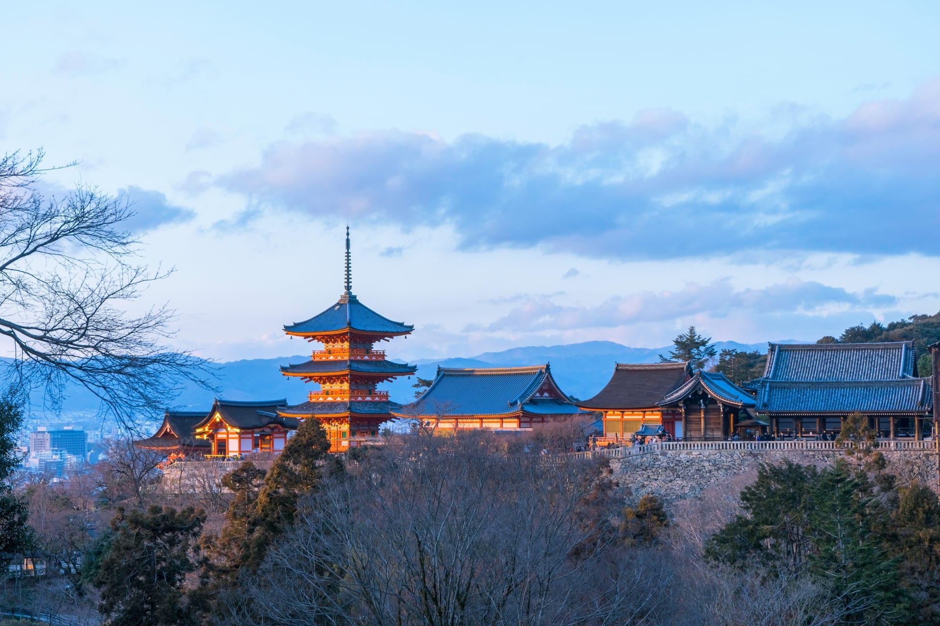 Kiyomizu-dera temple's five-story pagoda at dusk in Kyoto