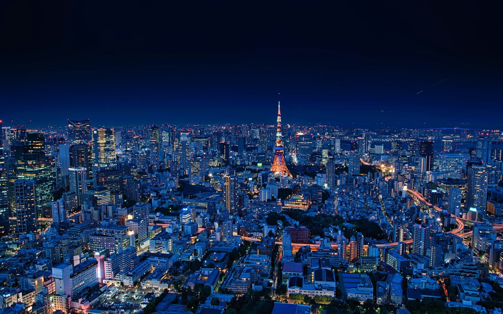 Aerial view of Tokyo skyline at night with Tokyo Tower illuminated