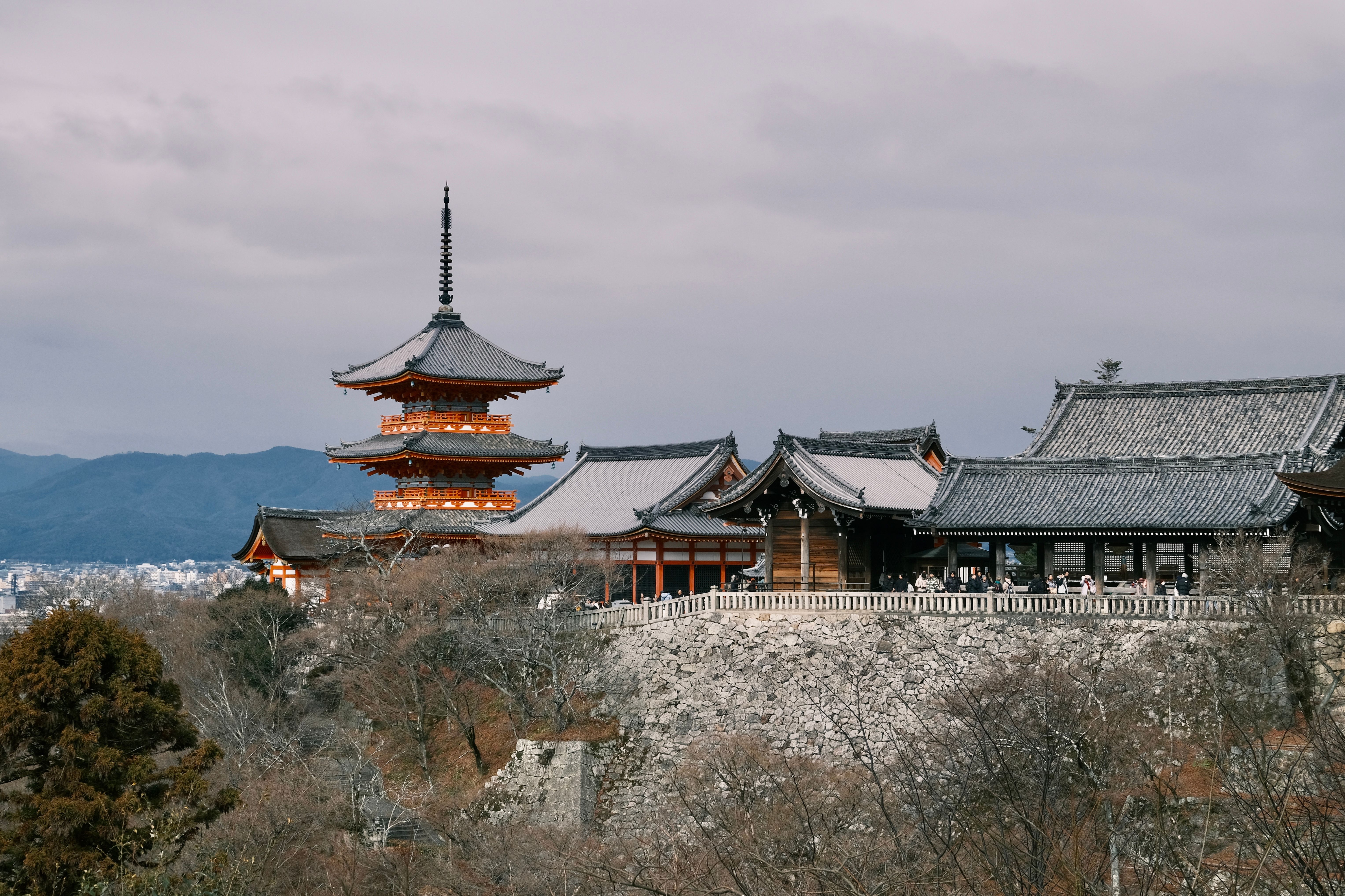 Kiyomizu-dera temple's five-story pagoda at dusk in Kyoto